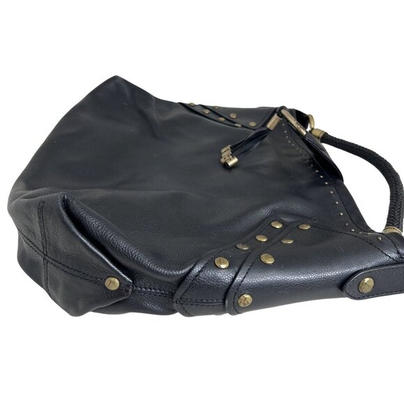 Cole Haan Black Leather Studded Hobo Bag With Brass Hardware & Braided Handle - Picture 3 of 10